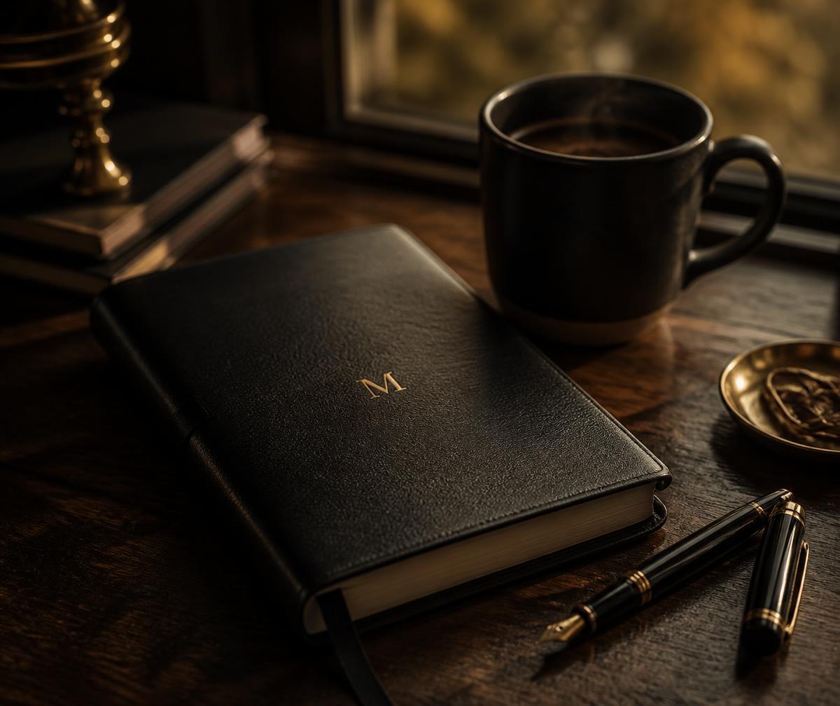 Leather journal and coffee on a desk